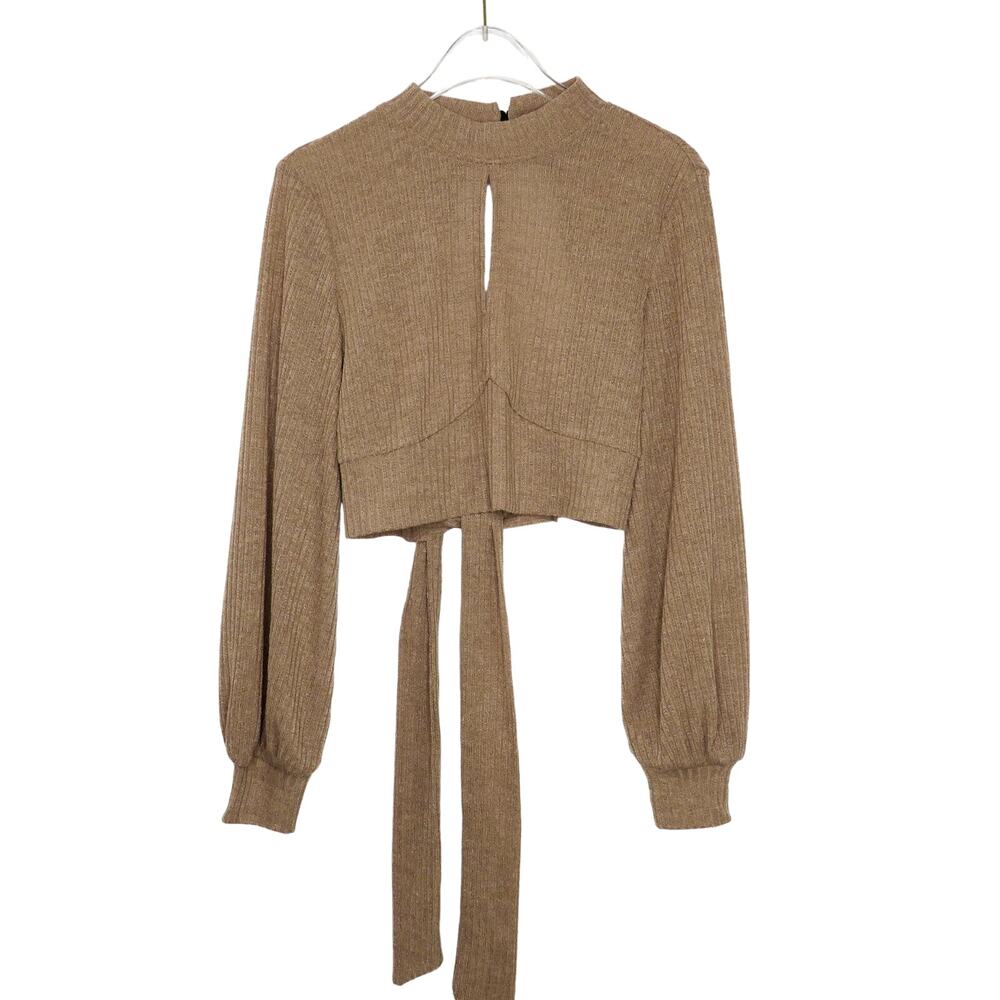 SHEIN Tan Ribbed Knit Key Hole Mock Neck Long Sleeve Crop Top Small